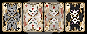 Playing cards, four kings with heads of cats. Vector set isolated on black background.