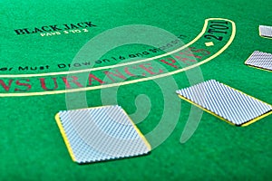 Playing cards on green table surface. Casino, gambling, poker concept