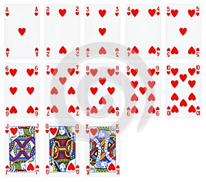 Playing cards of Hearts suit isolated on white