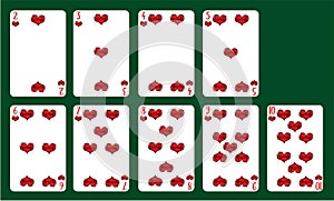 Playing cards Hearts suit from 20 to 10. A deck of cards