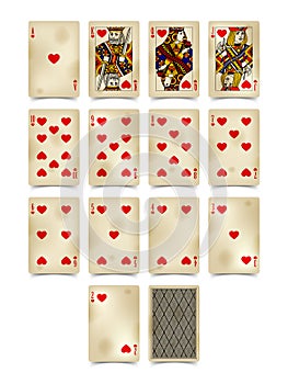 Playing cards of Hearts suit in vintage style isolated on white