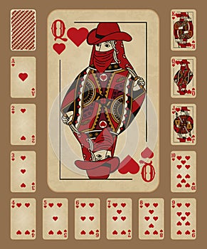 Playing cards of Hearts Western style. Vector illustration. Original design