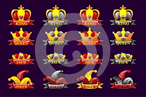 Playing cards icons with crown and ribbon. Poker symbols for casino and GUI graphic. King, queen, jack, ace and joker