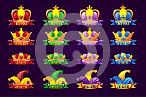 Playing cards icons with crown and ribbon. Poker symbols for casino and GUI graphic. King, queen, jack, ace and joker.