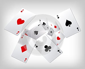 Playing cards. Poker aces flying on gray background. Poster template.