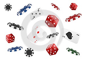 Playing cards, poker chips and dice fly casino isolated on white background. Poker casino vector illustration. Online casino game