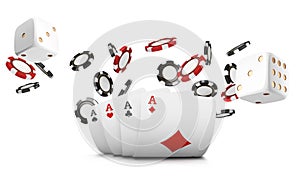 Playing cards, poker chips and dice fly casino on white background. Poker casino illustration. Online casino gam