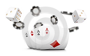 Playing cards, poker chips and dice fly casino on white background. Poker casino illustration. Online casino gam