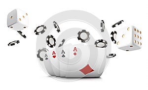 Playing cards, poker chips and dice fly casino on white background. Poker casino illustration. Online casino gam