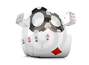 Playing cards, poker chips and dice fly casino on white background. Poker casino vector illustration. Online casino game