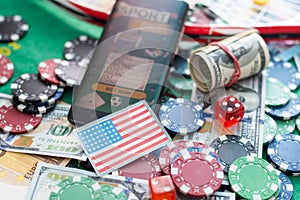 Playing cards, poker chips, and dice, the smartphone. Online casino concept. Gambling. Background.