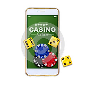 Playing cards, poker chips, and dice, on the smartphone screen. Isolated on a white background. Online casino concept