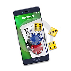 Playing cards, poker chips, and dice, on the smartphone screen. Isolated on a white background. Online casino concept