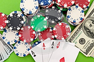 Playing cards poker chips dollars