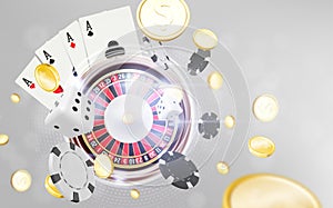 Playing cards and poker chips fly casino. Concept on a grey background. Casino poker vector.Gambling concept