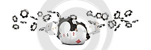 Playing cards and poker chips fly casino wide banner. Casino roulette concept on white background. Poker casino vector