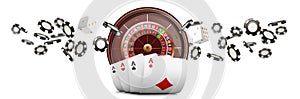 Playing cards and poker chips fly casino wide banner. Casino roulette concept on white background. Poker casino vector