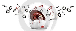 Playing cards and poker chips fly casino wide banner. Casino roulette concept on white background. Poker casino vector