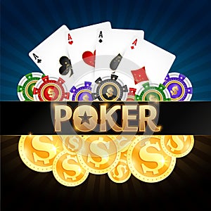 Playing cards poker chips and gold coins