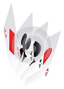 Playing cards poker. Four aces of diamonds clubs spades and hearts fall or fly as poker playing cards