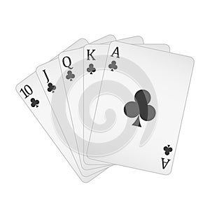 Playing cards - a poker hand consisting of a royal flush clubs 10 J Q K A, vector illustration isolated on white