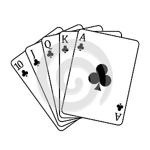 Playing cards - a poker hand consisting of a royal flush clubs 10 J Q K A, vector illustration isolated on white