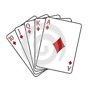 Playing cards - a poker hand consisting of a royal flush diamonds 10 J Q K A, vector illustration isolated on white