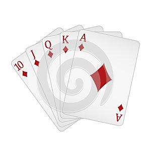 Playing cards - a poker hand consisting of a royal flush diamonds 10 J Q K A, vector illustration isolated on white