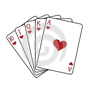 Playing cards - a poker hand consisting of a royal flush hearts 10 J Q K A, vector illustration isolated on white