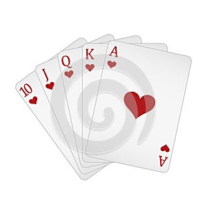 Playing cards - a poker hand consisting of a royal flush hearts 10 J Q K A, vector illustration isolated on white