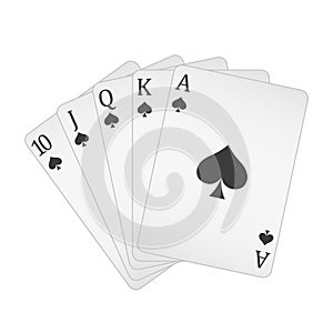 Playing cards - a poker hand consisting of a royal flush spades 10 J Q K A, vector illustration isolated on white