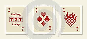 Playing Cards Posters. Retro Wall Art Prints Set with Ace, 777 Slot Machine and Heart. Vector Illustration Collection