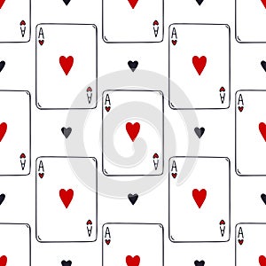 Playing cards seamless pattern. Ace of hearts vector background. Card game pattern. Gambling print decoration.