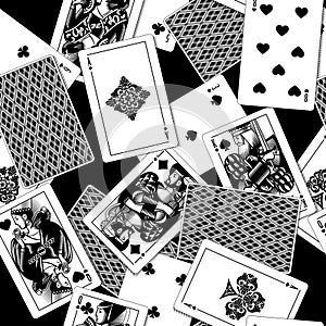 Playing cards seamless pattern background in black and white vintage engraving drawing style