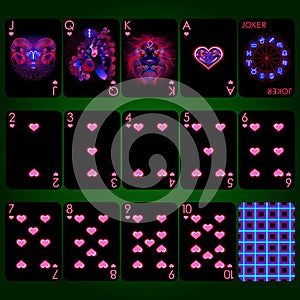 Playing cards series Neon Zodiac signs . Heart suit playing cards full set.