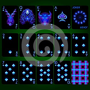 Playing cards series Neon Zodiac signs . Spade suit playing cards full set.
