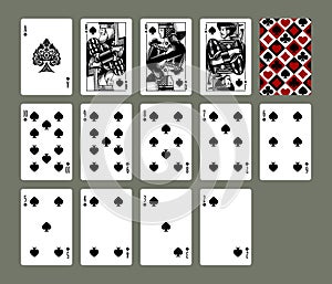 Playing cards set of Spades suit in vintage engraving drawing style in black and red colors