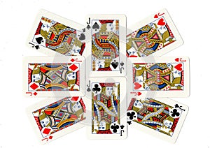 Playing cards showing a display of jacks.