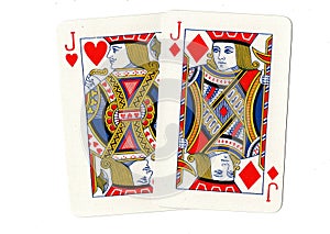 Playing cards showing a pair of red jacks.