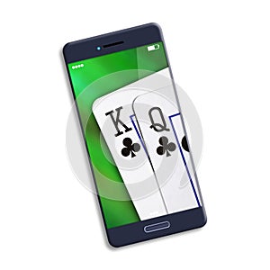 Playing cards on the smartphone screen. Isolated on white background. Online casino concept. Gambling.