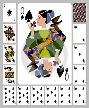 Playing cards of Spades suit and back in funny flat style