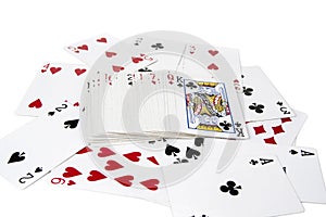 Playing cards spreaded on the white background.