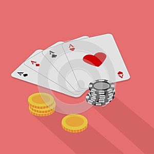 Playing cards suit hearts with chips laying nearby on a pink background. Vector illustration. Close-up. Gambling