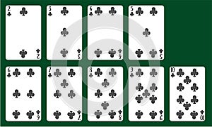 Playing cards suits of clubs from 20 to 10. A deck of cards