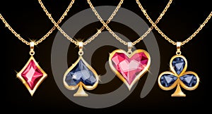Playing cards suits golden pendants set.