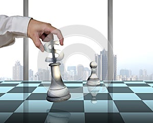 Playing chess with usd symbol piece, pawn and city view