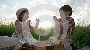 Playing Children, having fun in fresh air, brother and sister at picnic, family resting in nature, Children laugh