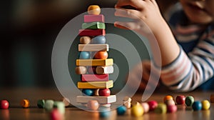 playing with a colorful wooden stacking toy against a plain background
