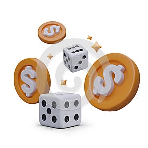 Playing dice, coins with dollar sign, gold stars. Vector realistic combination on white background