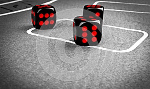 Playing dice on a gaming table. Playing a game with dice. Red casino dice rolls. Rolling the dice concept for business risk, chanc